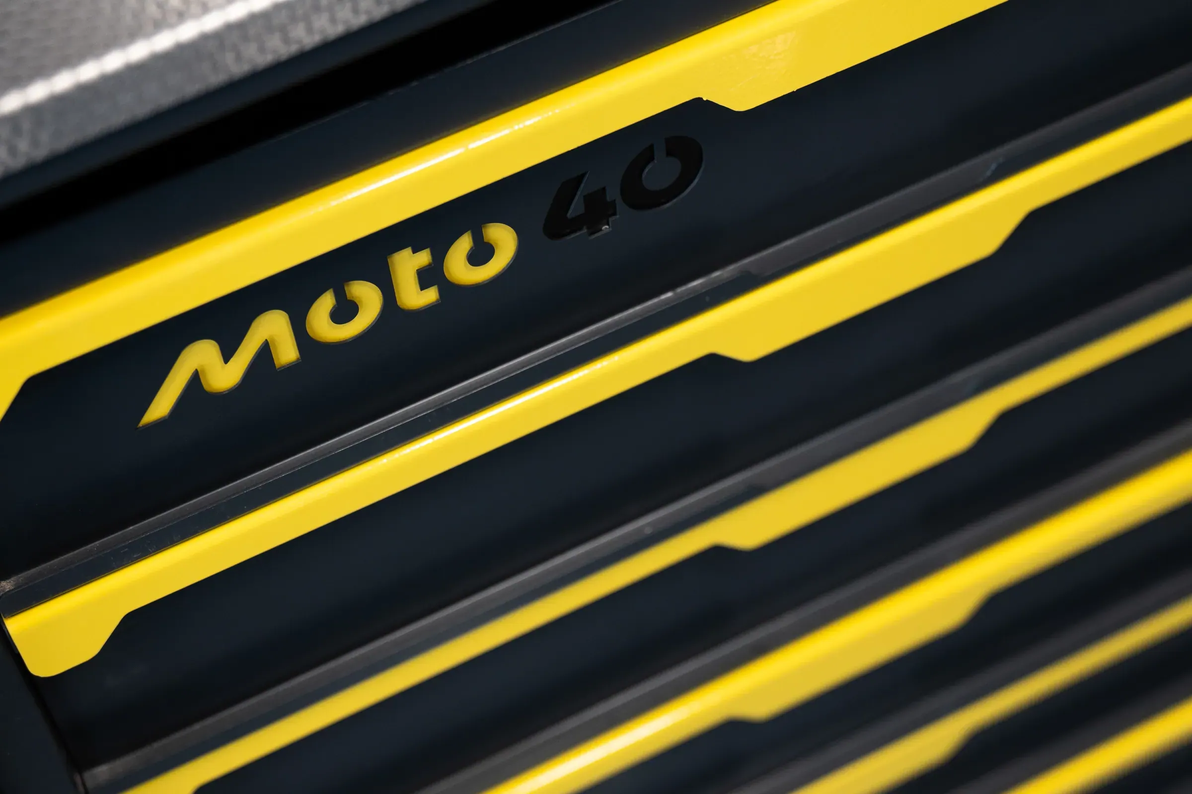Close detail of a yellow and graphite Moto40 tool chest